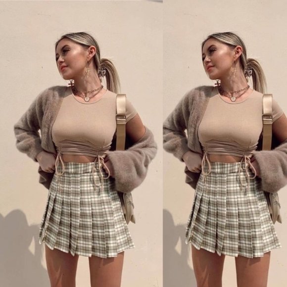 Romwe Pistachio Green Plaid Pleated High Waisted Mini Skirt Size Small - Picture 1 of 9